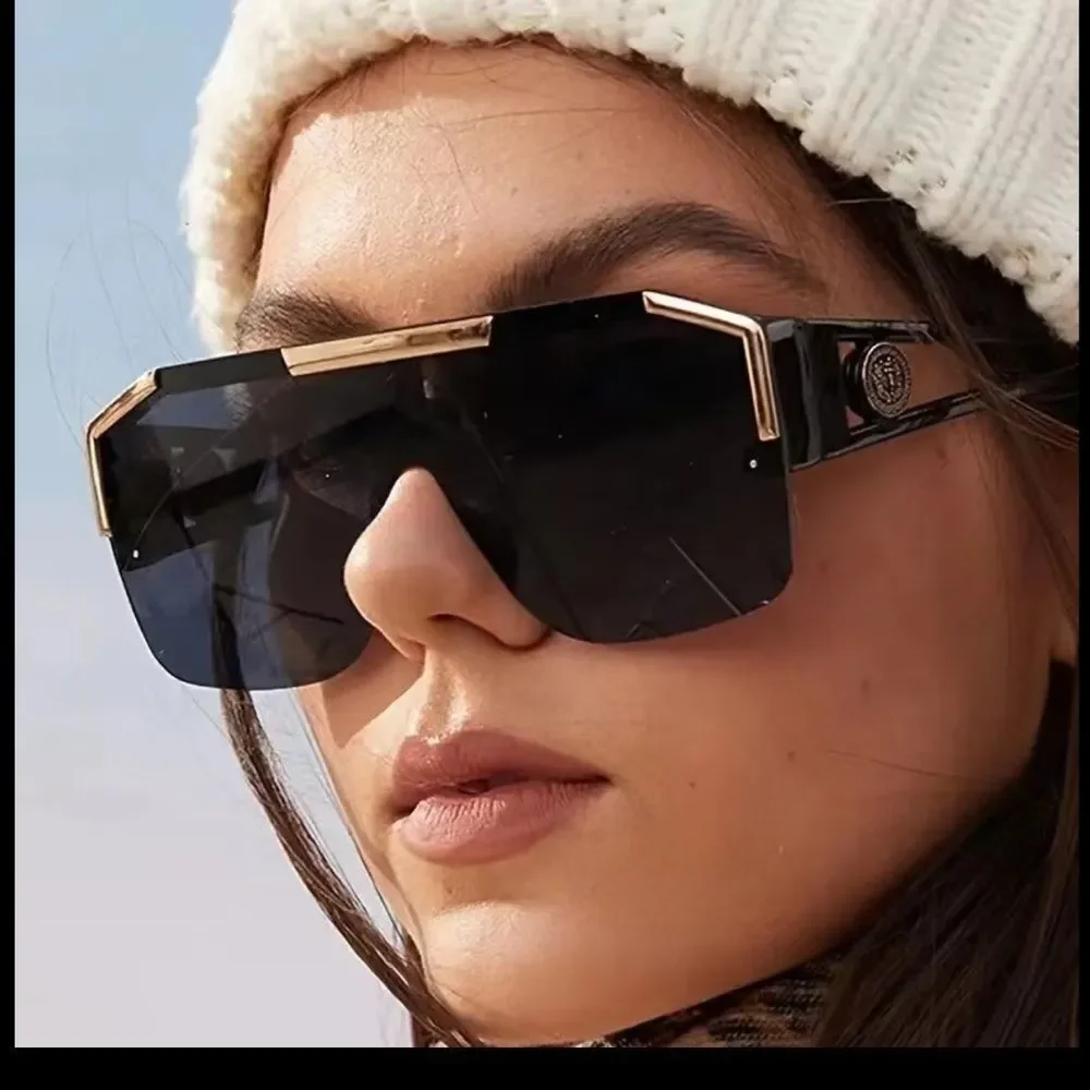Oversized Black Shield Sunglasses with Gold Trim